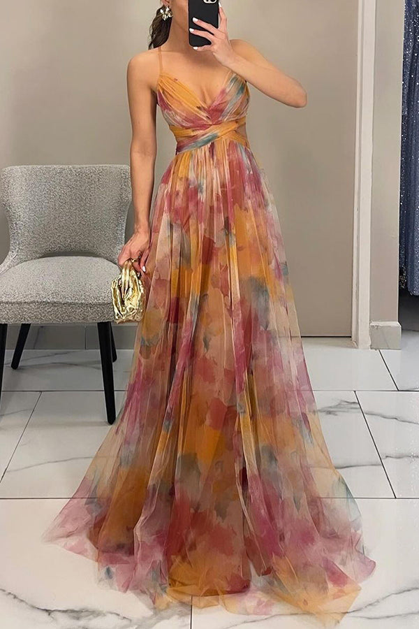 Flowy floral maxi dress for women, elegant v-neck, backless design, ideal for summer resort wear.