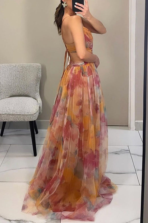 Women's vibrant floral maxi dress, a-line, spaghetti strap, perfect elegant summer vacation outfit.