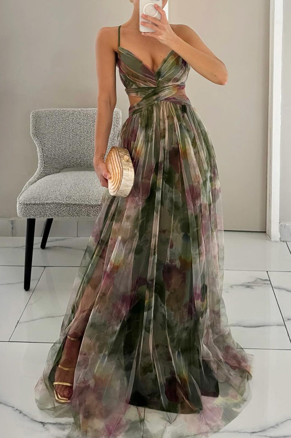 Elegant women's floral print maxi dress, spaghetti strap, a-line, perfect for summer holidays.