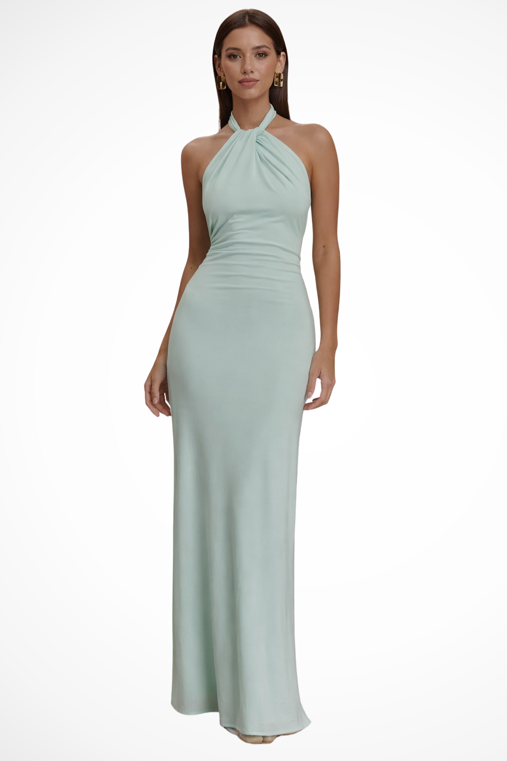 Women's elegant halter neck bodycon maxi dress with open back, perfect for formal events & parties.
