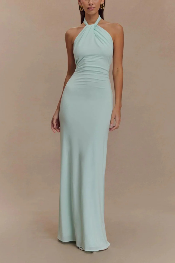Stunning women's bodycon maxi dress, featuring a chic halter neck & stylish open back for wedding guests.
