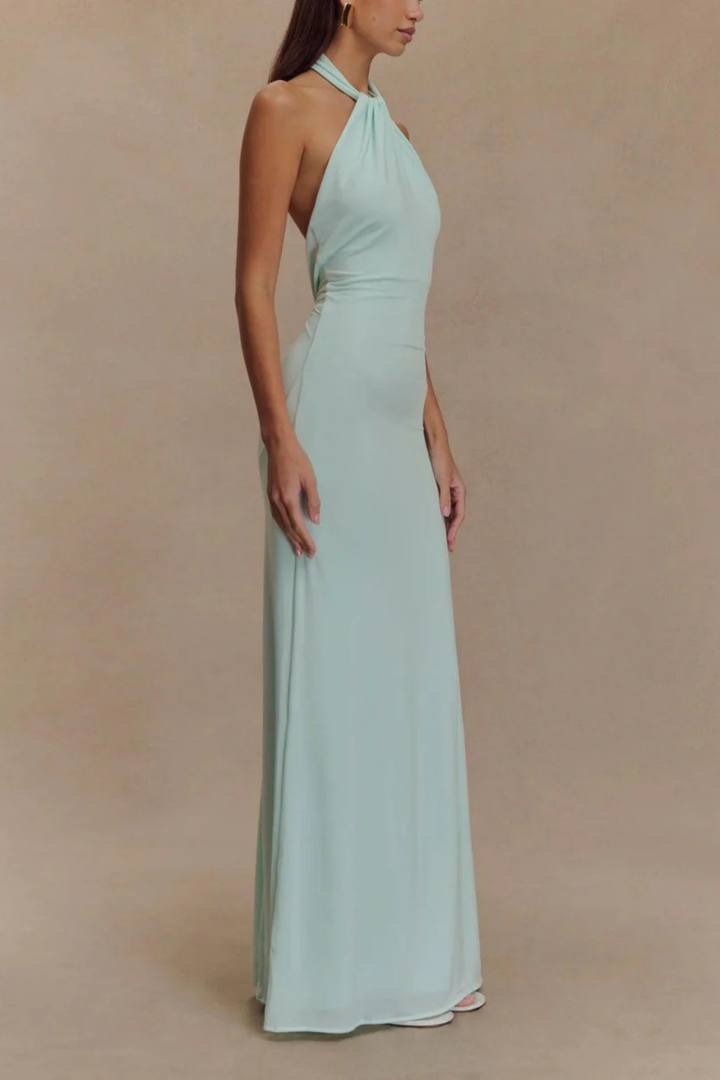 Elegant black halter neck bodycon maxi dress for women, ideal for evening wear, parties & formal occasions.