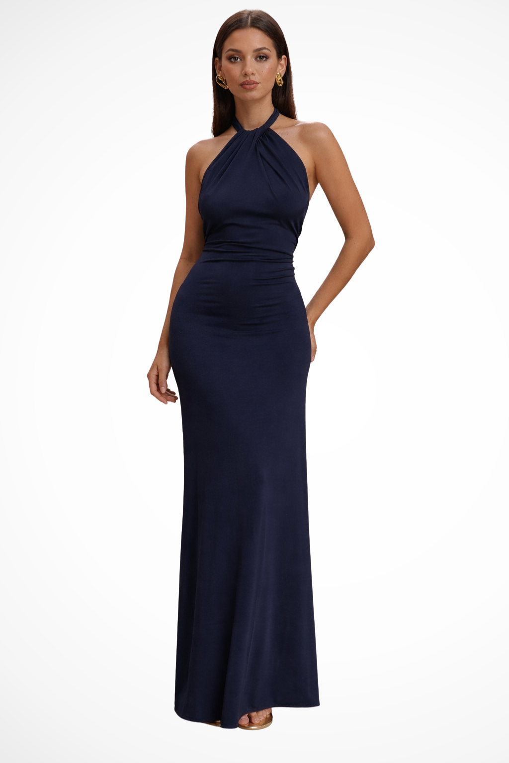 Stylish women's wedding guest dress, a bodycon maxi with a flattering halter neck and elegant open back.