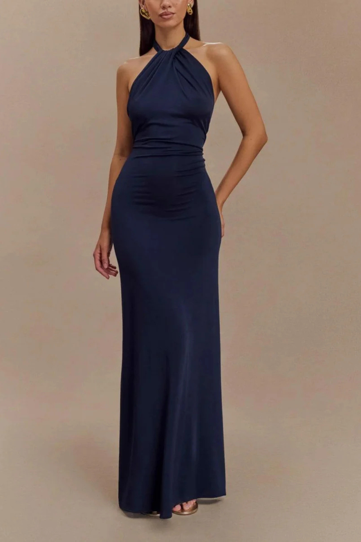 Chic women's evening dress, a bodycon maxi with a halter neck and sophisticated open back for special events.