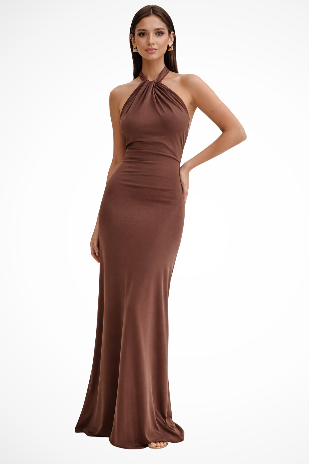Flattering women's bodycon halter neck maxi dress, an elegant formal gown with an alluring open back design.