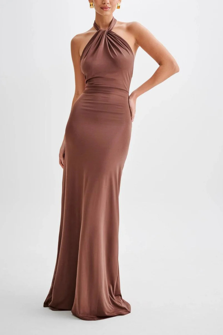 Women's elegant formal bodycon maxi dress, featuring a stylish halter neck and graceful open back design.