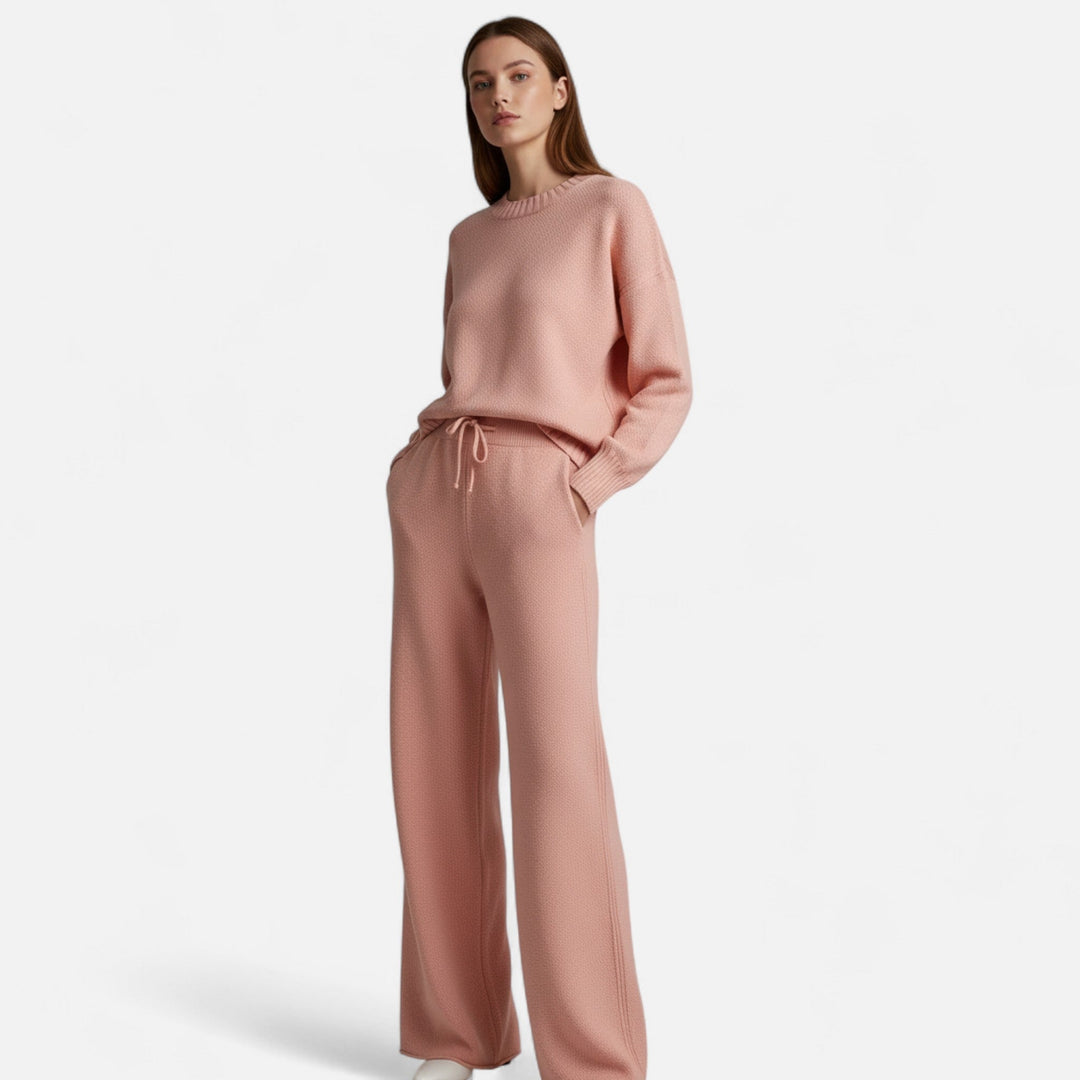 Cozy women's knit sweater & wide-leg trousers set, ideal for warm winter loungewear & casual fashion.