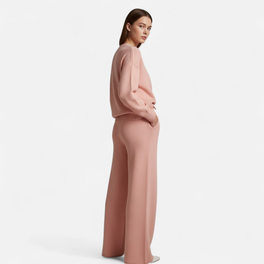 Women's casual knit sweater & wide-leg trouser set, a comfortable and chic two-piece loungewear outfit.