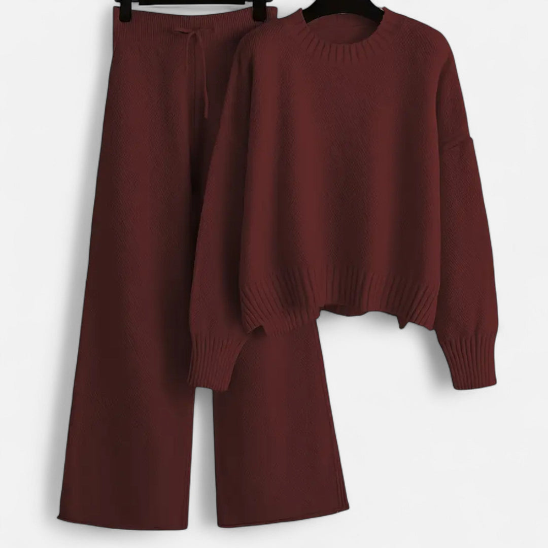Stylish women's 2-piece knit sweater and wide-leg trouser set, suitable for lounging or casual outings.