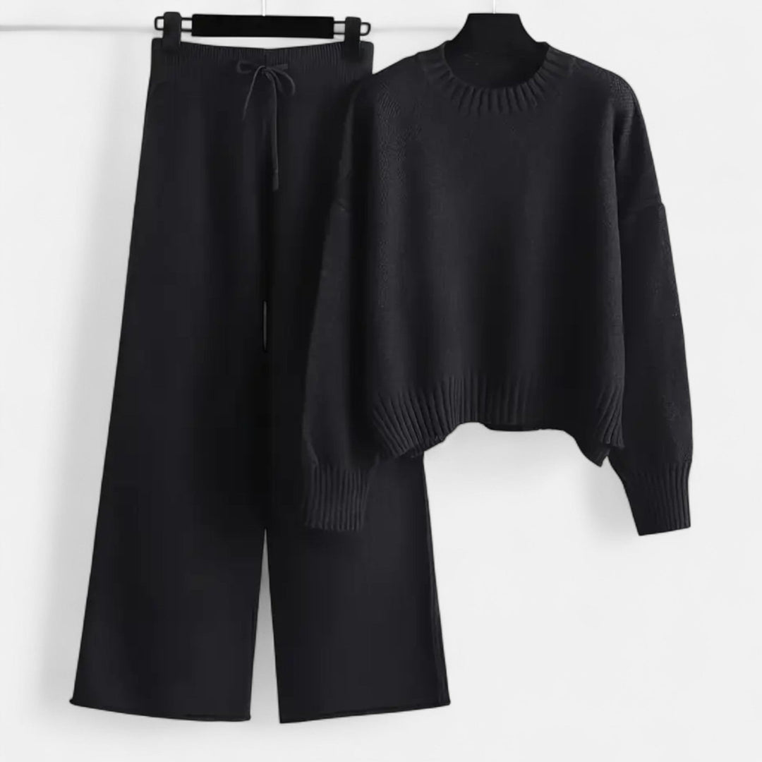 Women's cozy knit sweater & wide-leg trouser set, a complete two-piece outfit for relaxed elegance.