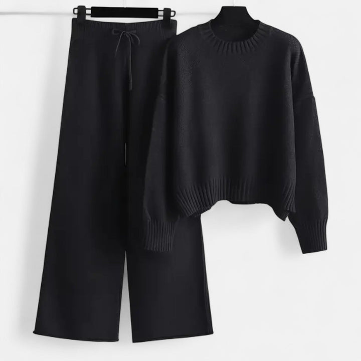 Women's cozy knit sweater & wide-leg trouser set, a complete two-piece outfit for relaxed elegance.