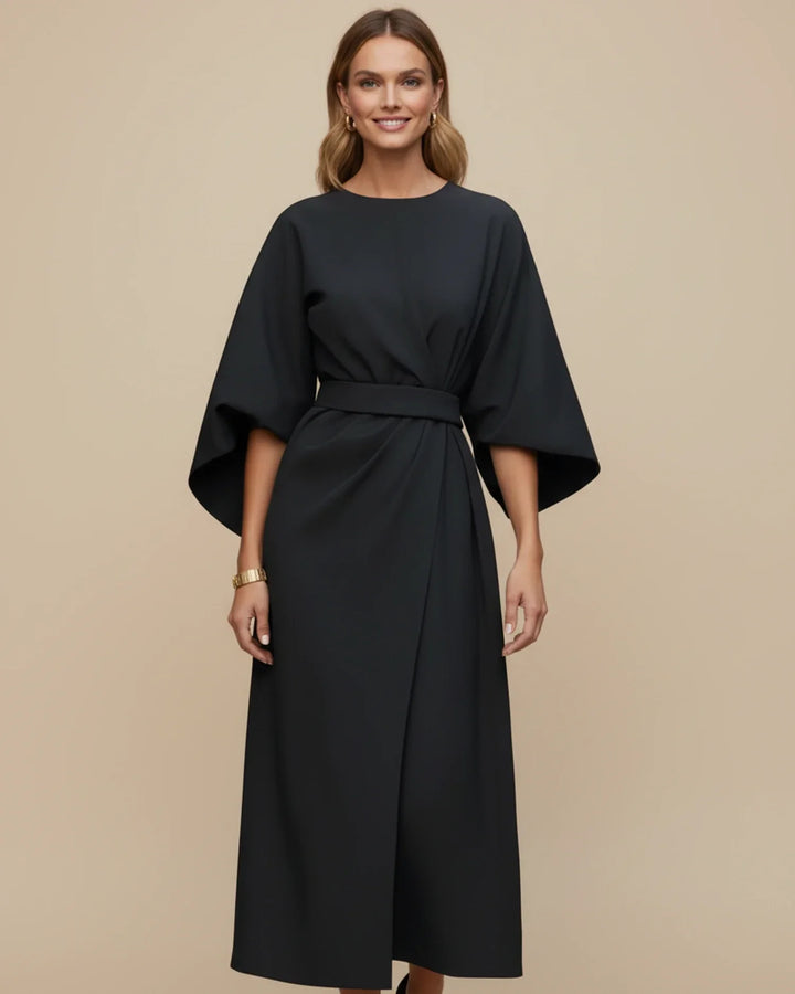 Women's elegant lantern sleeve belted wrap midi dress, perfect for office or occasion wear.