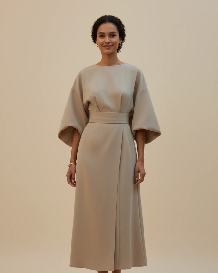 Gorgeous women's summer midi dress, a belted wrap design with romantic lantern sleeves for a sophisticated look.