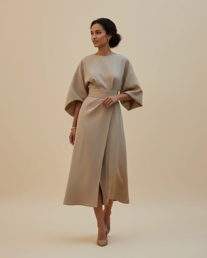 Elegant women's fashion midi dress: belted wrap, wide lantern sleeves, suitable for office & casual wear.