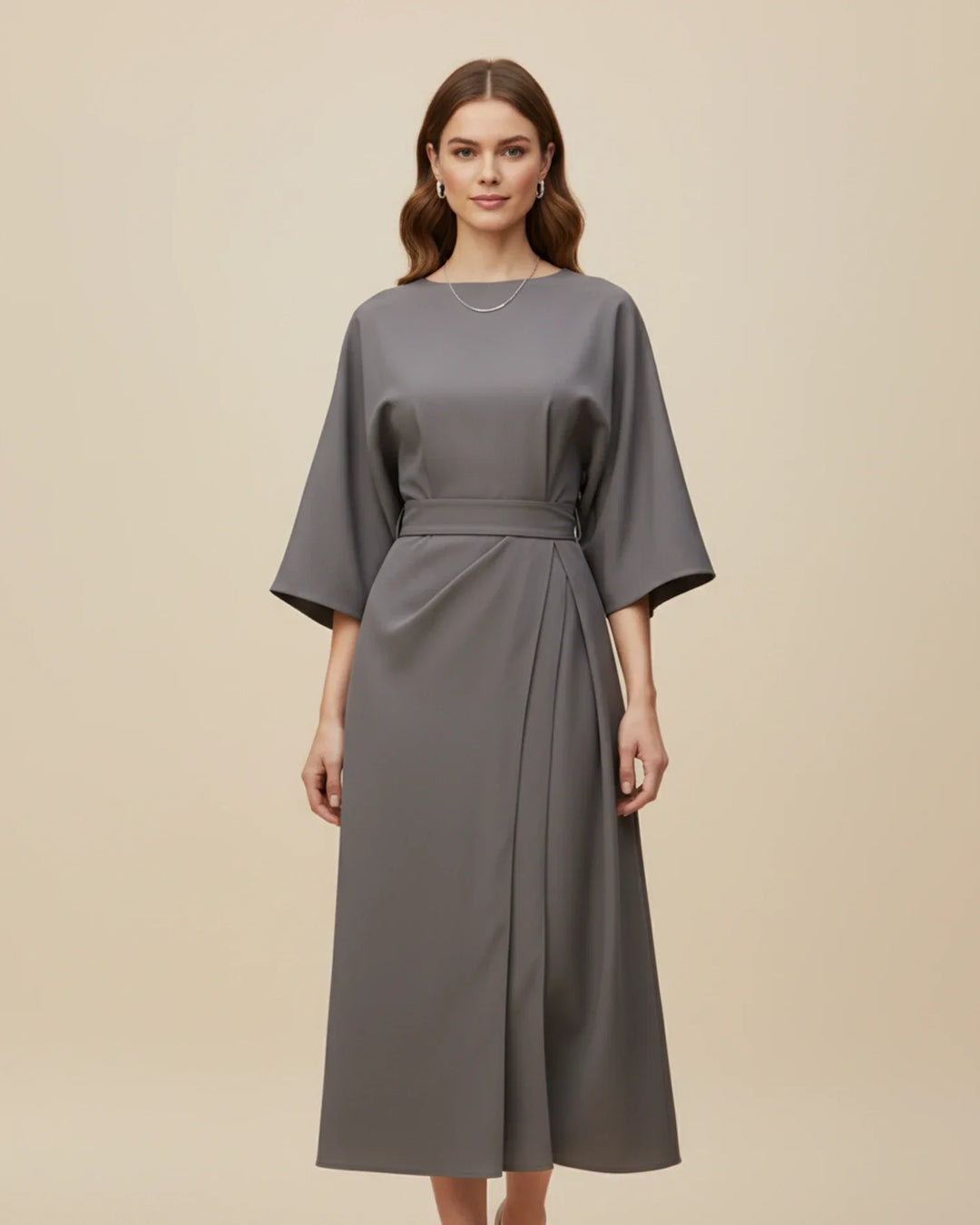Flattering women's lantern sleeve wrap midi dress with a stylish belt, great for all elegant occasions.