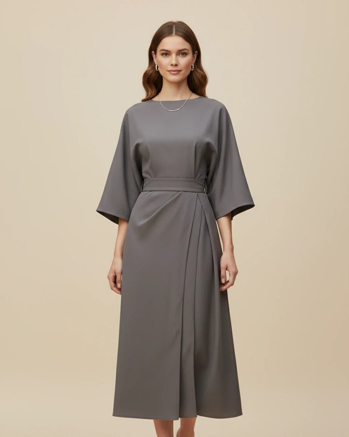 Flattering women's lantern sleeve wrap midi dress with a stylish belt, great for all elegant occasions.