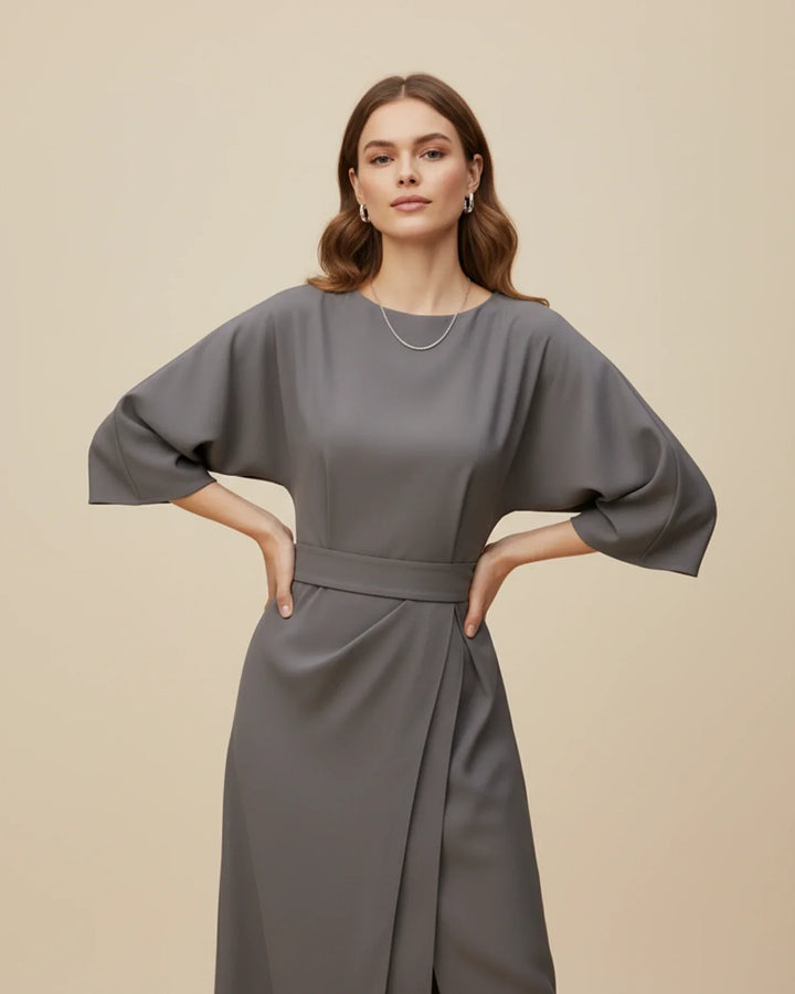 Professional women's midi dress, a belted wrap style with refined lantern sleeves for office elegance.