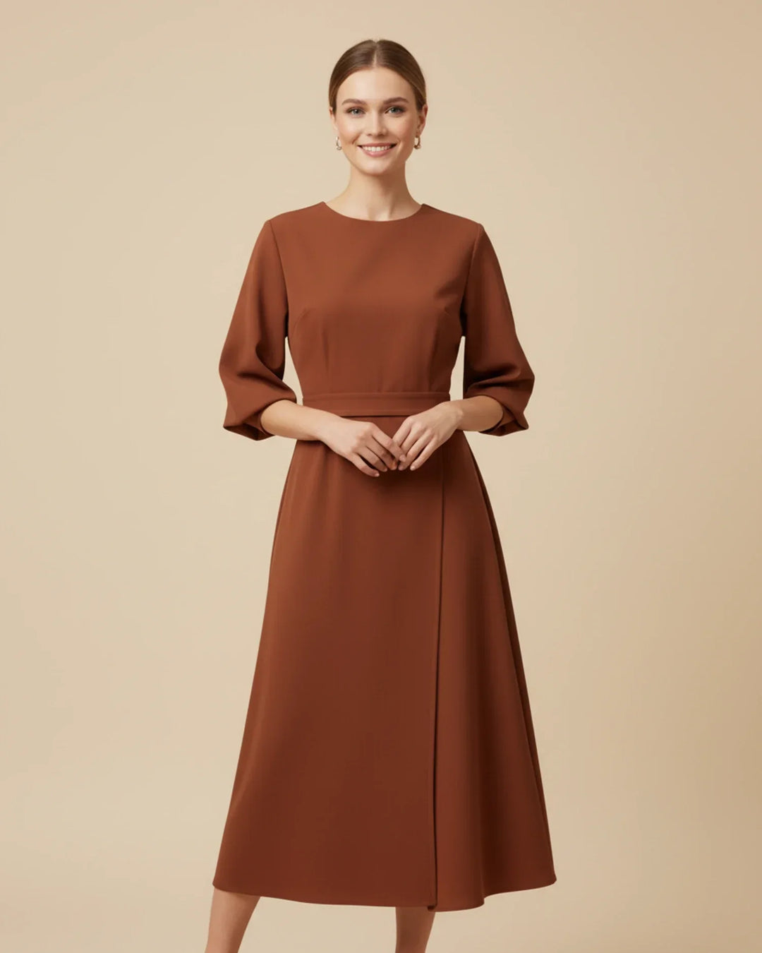 Sophisticated women's spring/summer midi dress: elegant wrap, lantern sleeves, and a flattering belted waist.