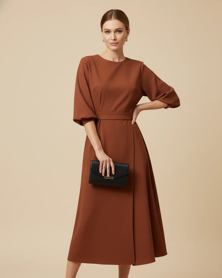Elegant women's office/occasion midi dress: belted wrap silhouette, flowy lantern sleeves for modern fashion.