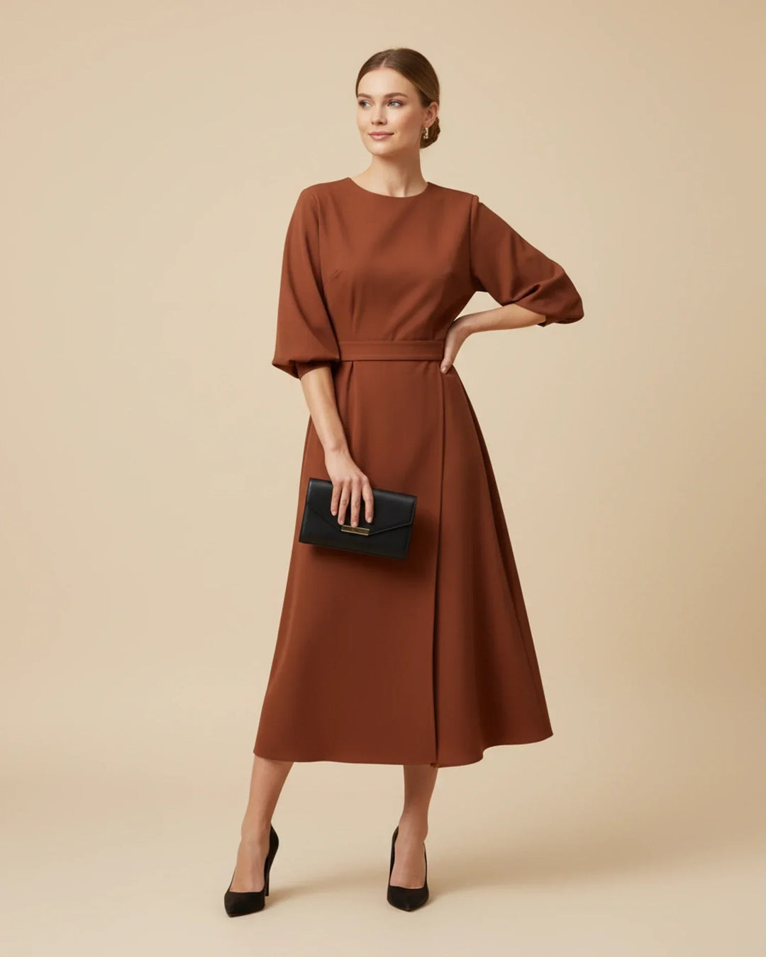 Women's stylish lantern sleeve belted wrap midi dress, perfect for adding a touch of elegance to any outfit.