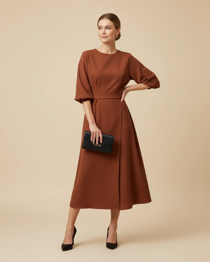 Women's stylish lantern sleeve belted wrap midi dress, perfect for adding a touch of elegance to any outfit.