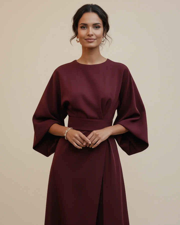 Women's everyday elegant midi dress: belted wrap style, charming lantern sleeves, a versatile spring/summer piece.