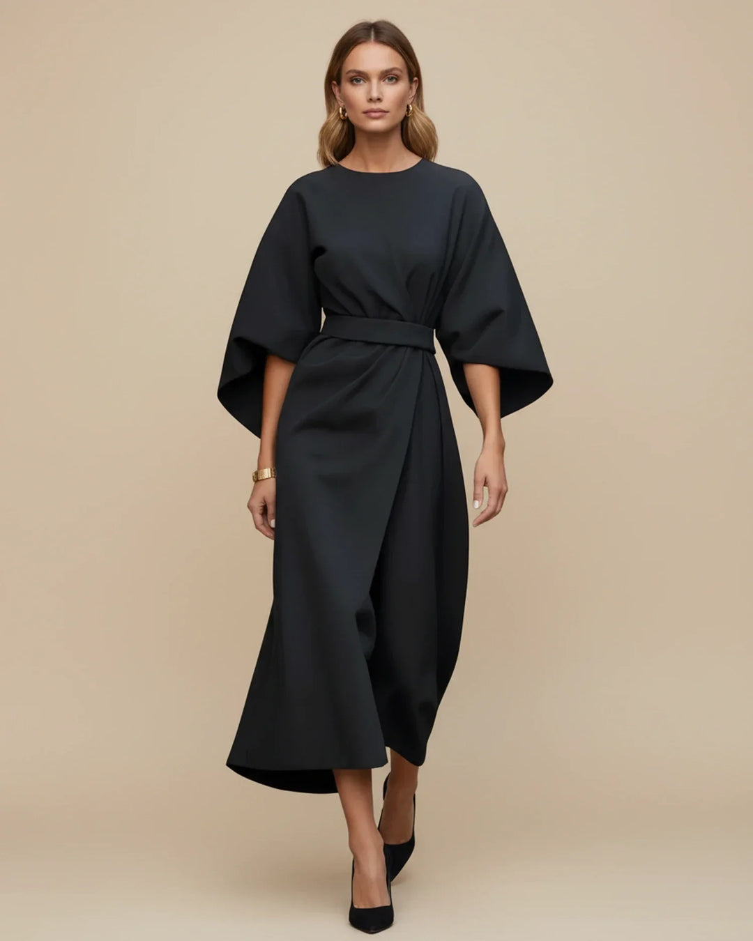 Versatile women's belted wrap midi dress with stylish lantern sleeves, ideal for elegant fashion.