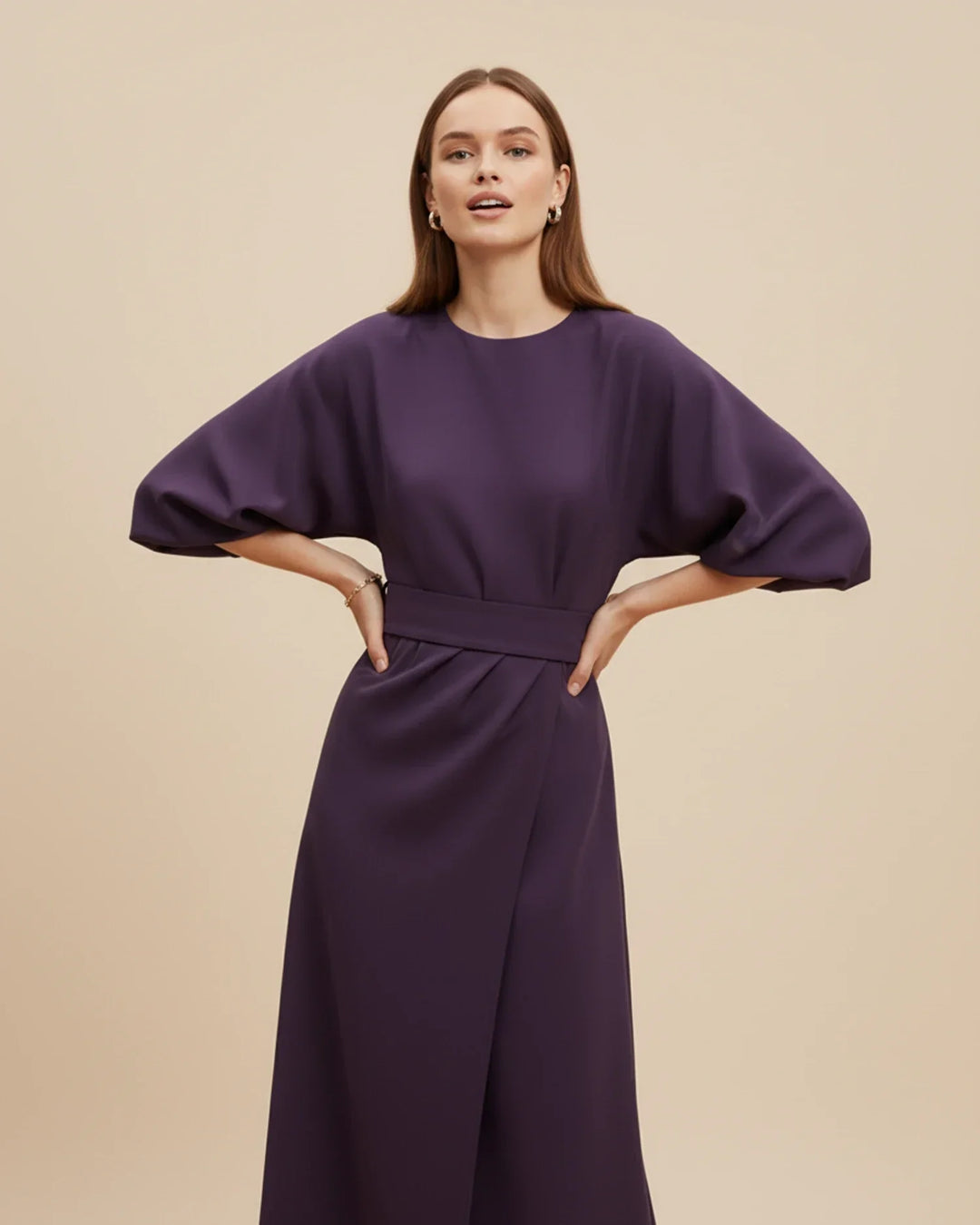 Fashionable women's lantern sleeve wrap midi dress, an elegant choice for summer and spring occasions.