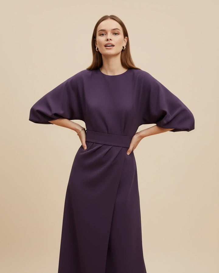 Fashionable women's lantern sleeve wrap midi dress, an elegant choice for summer and spring occasions.