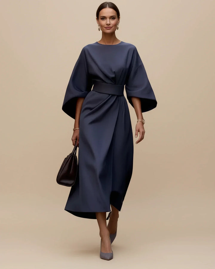 Trendy women's spring midi dress: belted wrap style, graceful lantern sleeves, perfect for versatile fashion.
