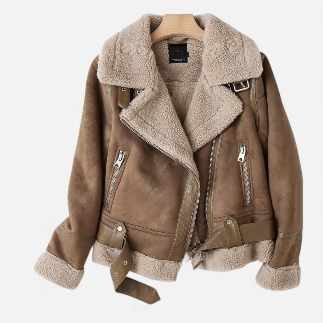 Women's elegant lapel moto jacket, perfect warm & versatile outerwear. Available in khaki & black for winter fashion.