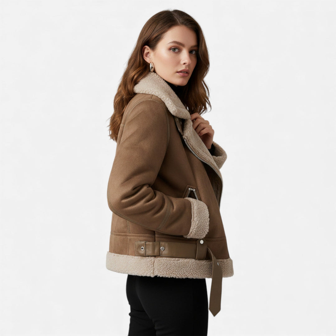 Chic khaki women's lapel moto jacket. Stylish & warm outerwear, ideal for winter. Elegant versatile fashion.