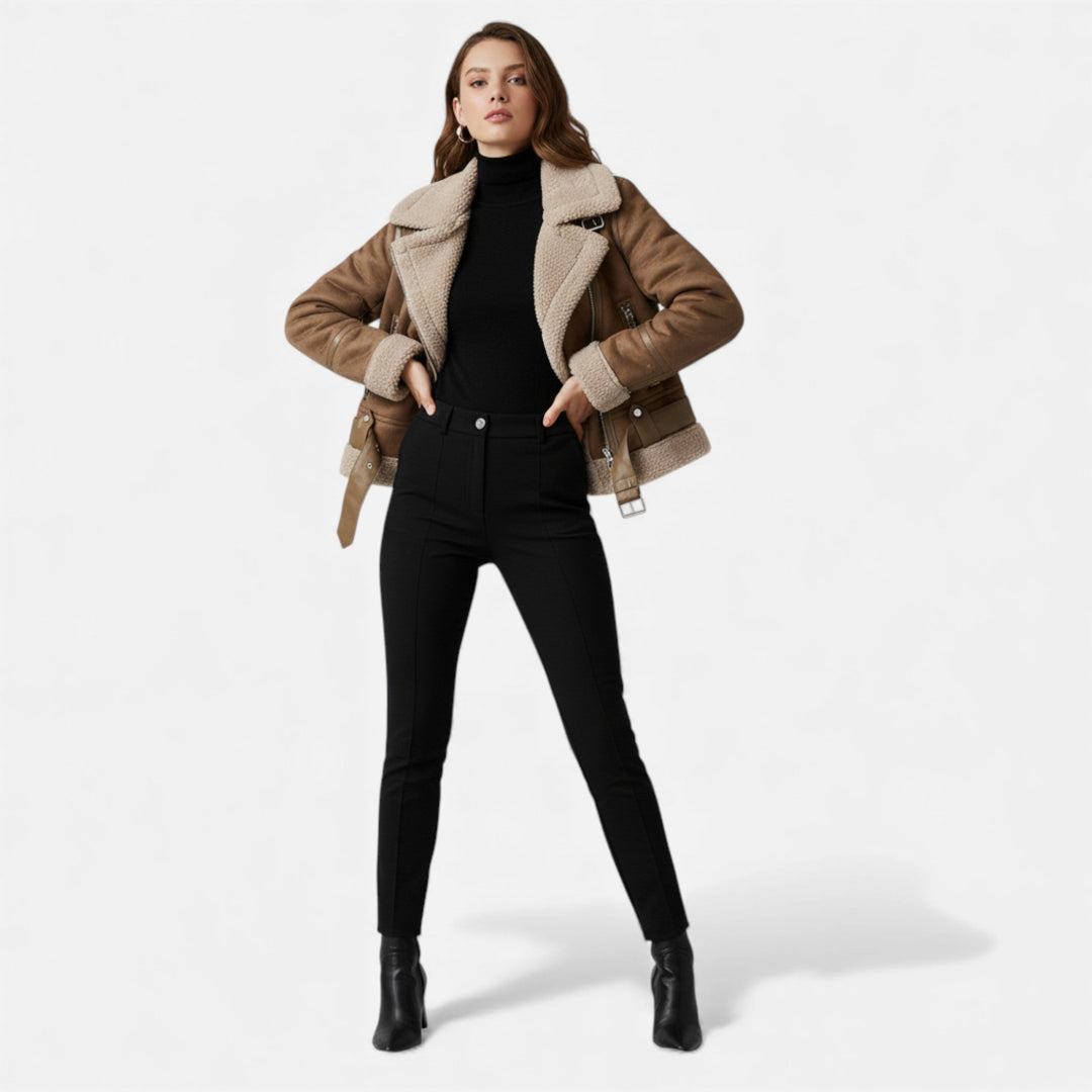 Black women's elegant moto jacket with lapels. Warm & cozy outerwear, versatile for stylish winter fashion.
