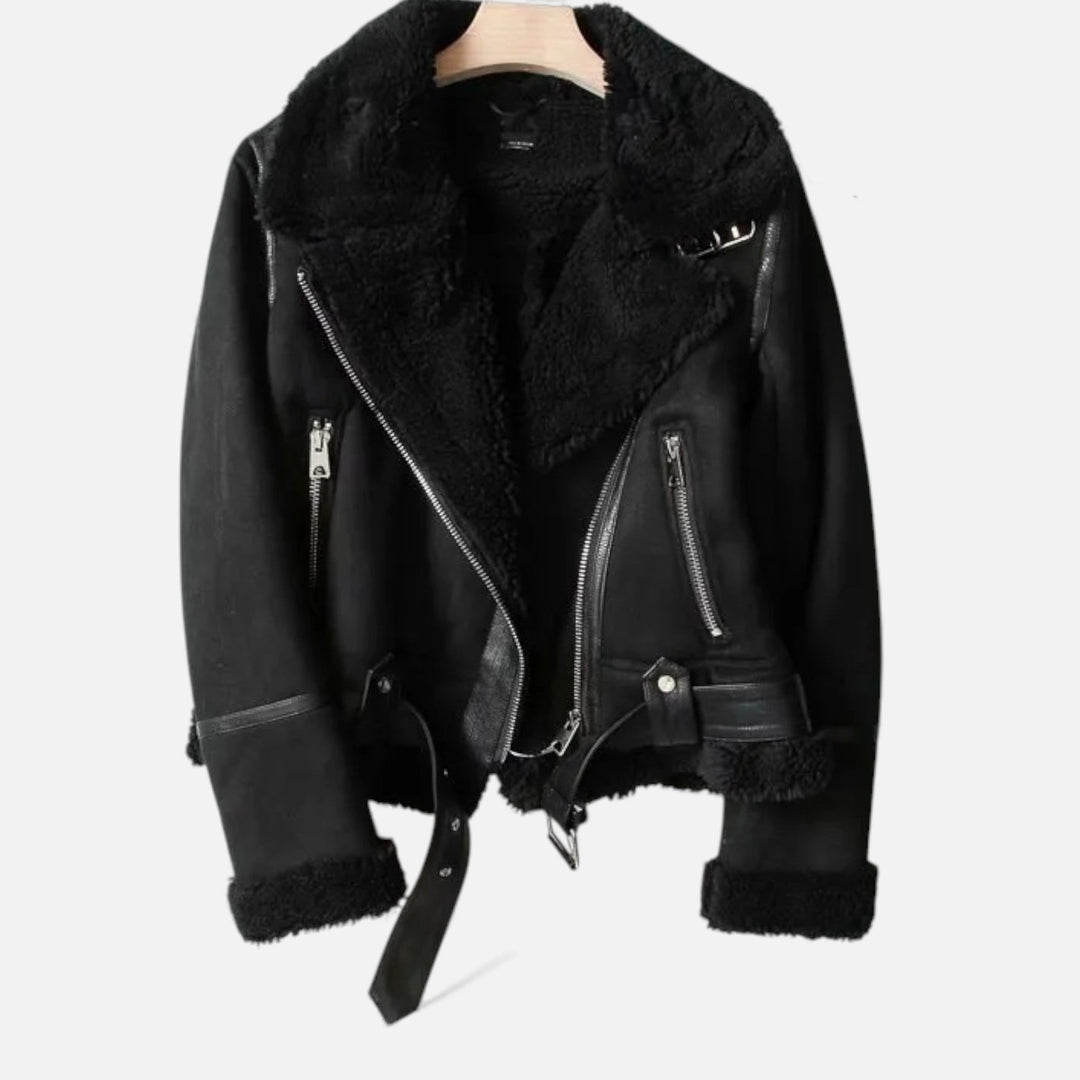 Elegant women's moto jacket featuring a stylish lapel design. Versatile outerwear for a chic, warm winter look.