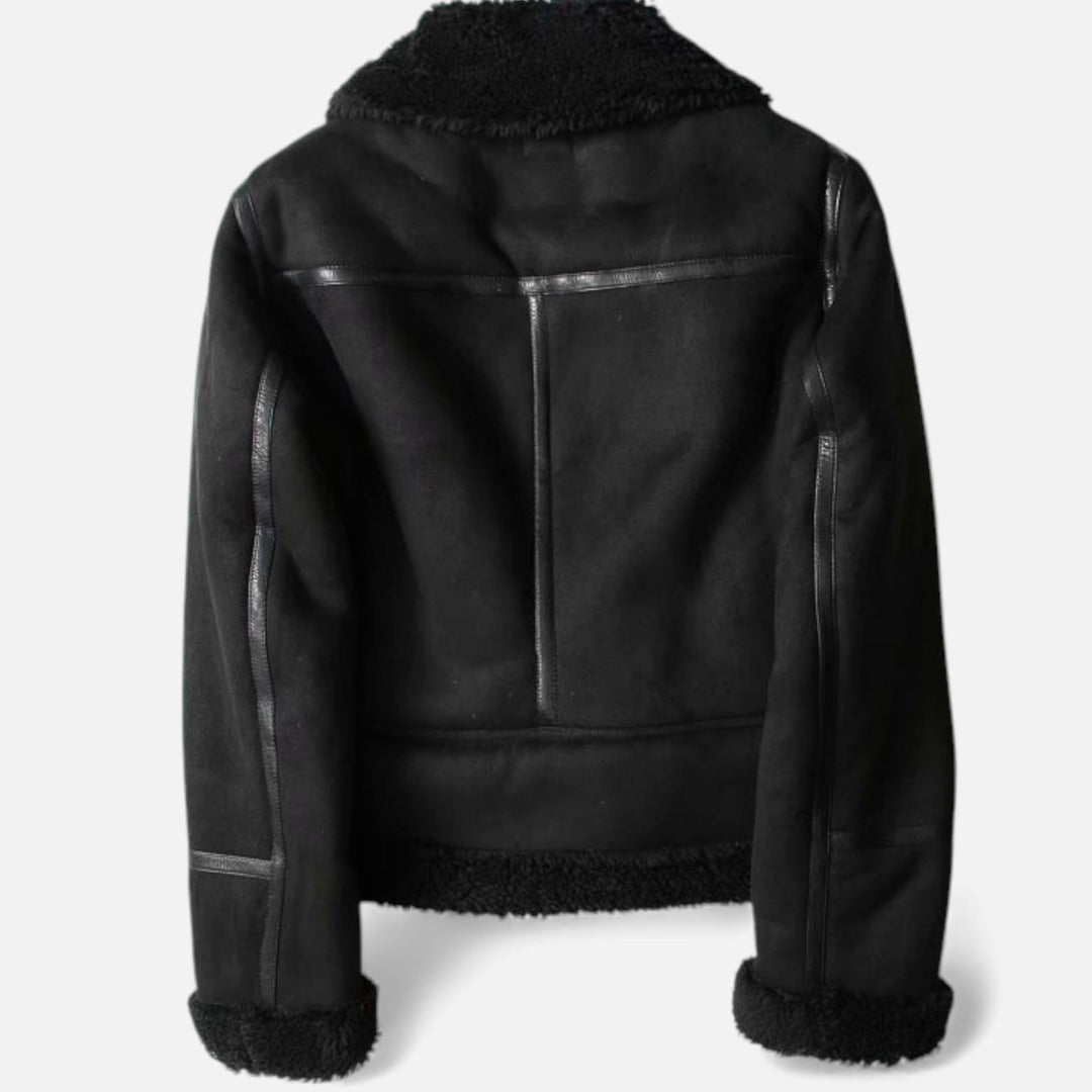 Warm women's winter coat: an elegant lapel moto jacket. Cozy & fashionable outerwear, perfect for cold weather.