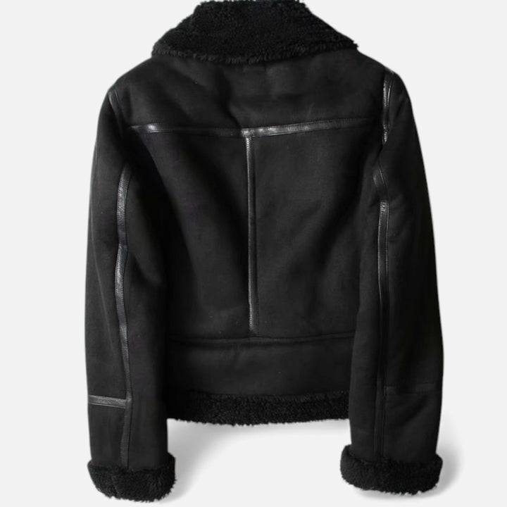 Warm women's winter coat: an elegant lapel moto jacket. Cozy & fashionable outerwear, perfect for cold weather.