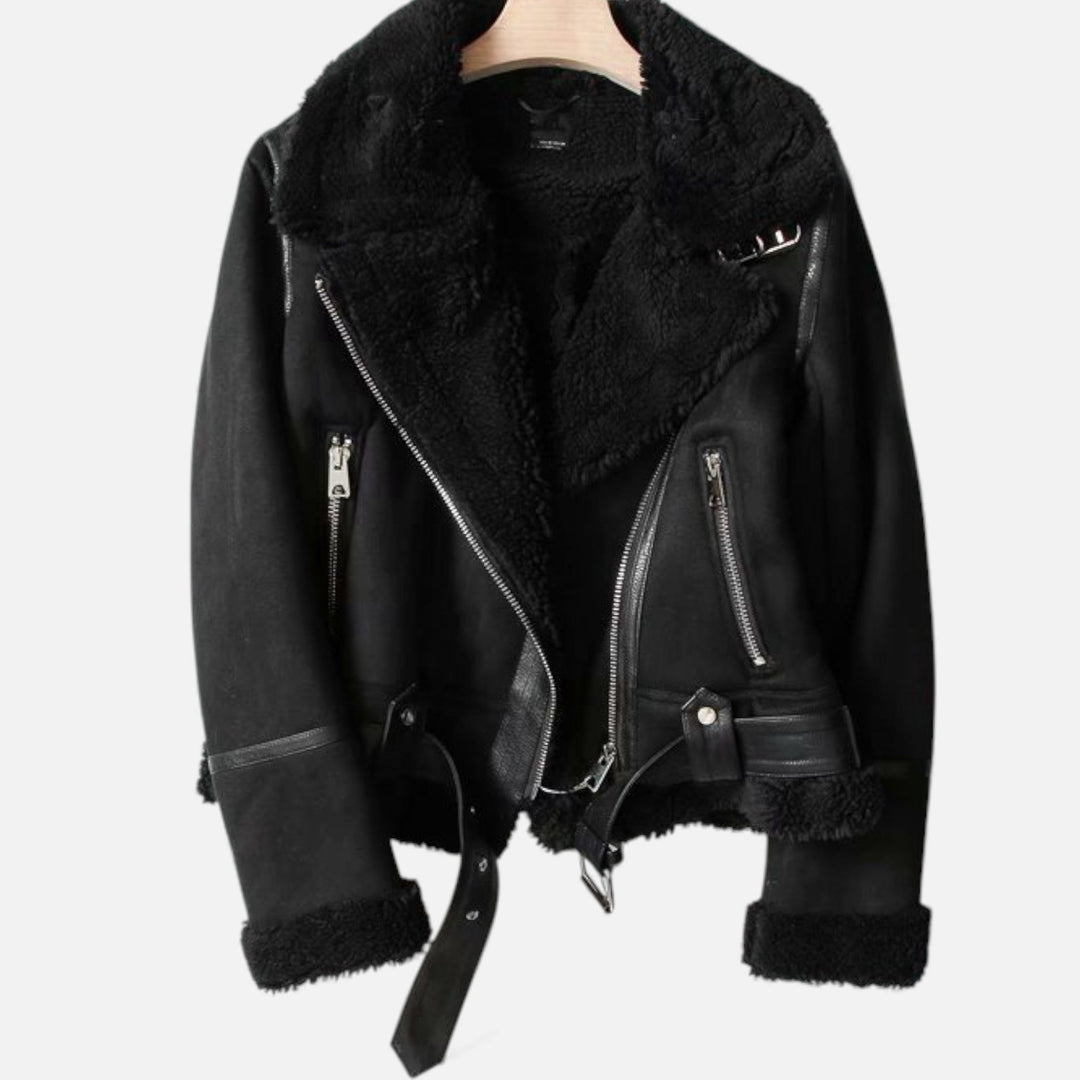 Fashionable women's lapel moto jacket. This elegant & warm winter outerwear combines style with cozy comfort.