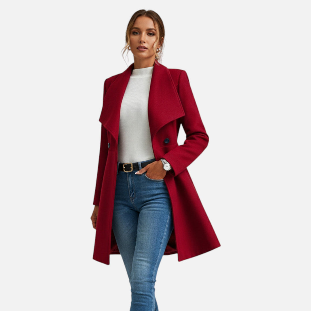 Tailored women's long winter coat with elegant lapels, ideal for professional wear & classic chic style.