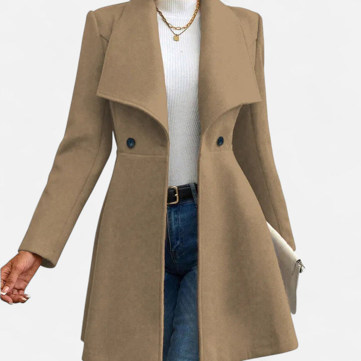 Women's long elegant winter coat with a classic lapel, perfect for formal occasions & everyday sophistication.