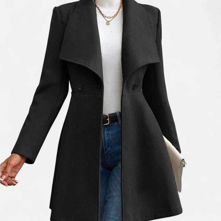 Sophisticated women's tailored long winter coat, elegant outerwear with lapels for chic, professional style.