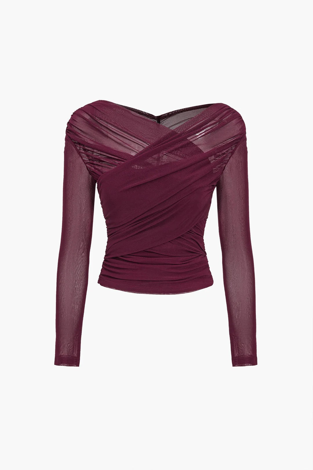 Stylish women's ruched cross-front long sleeve top. An elegant and fitted fashion blouse for versatile day-to-evening wear.