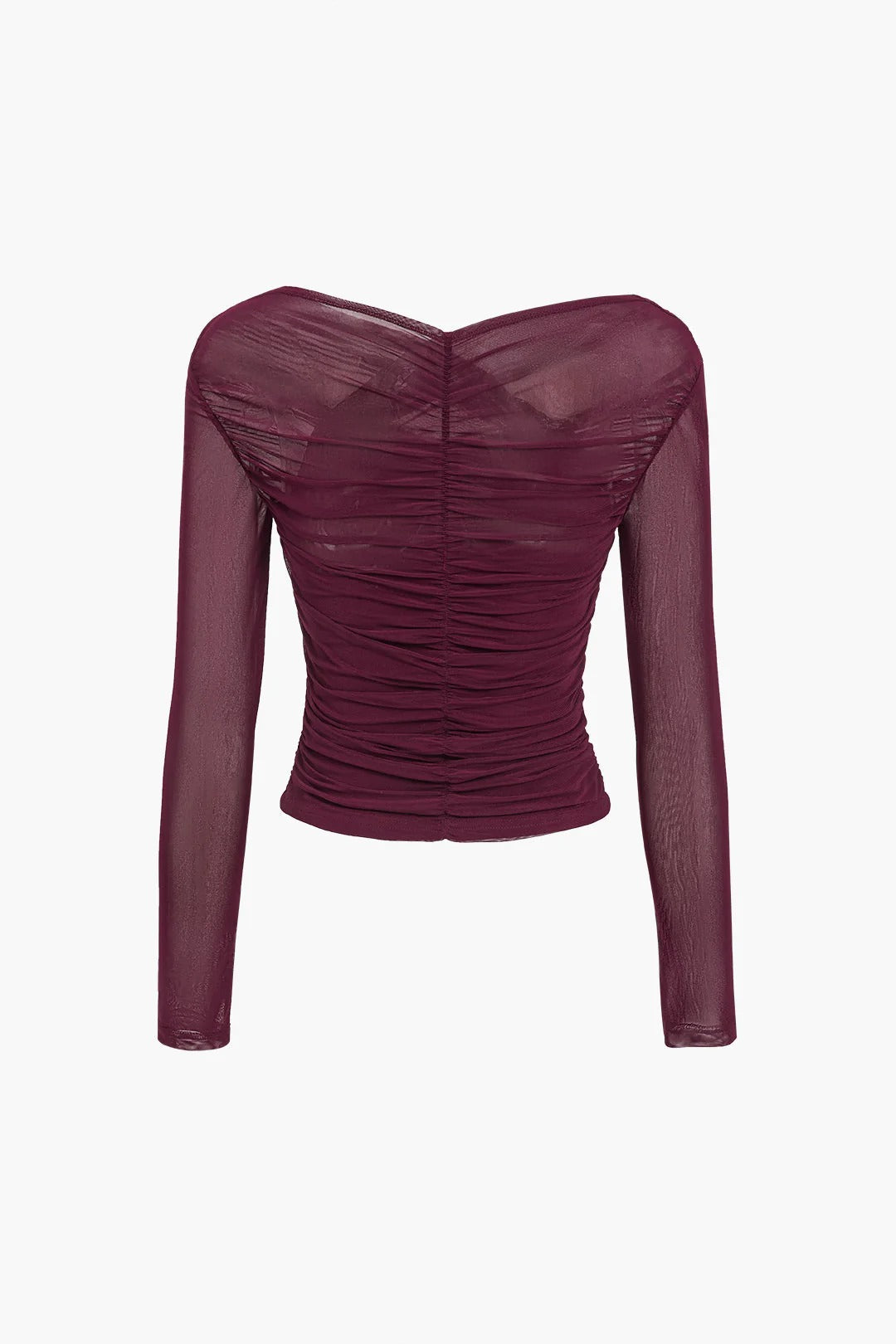 Chic women's long sleeve top featuring a flattering ruched cross-front design. A fitted and elegant fashion blouse.