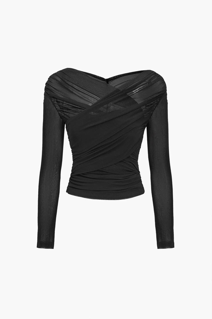 Comfortable women's stretch long sleeve top with elegant ruched cross-front. A fitted fashion blouse for day or evening.