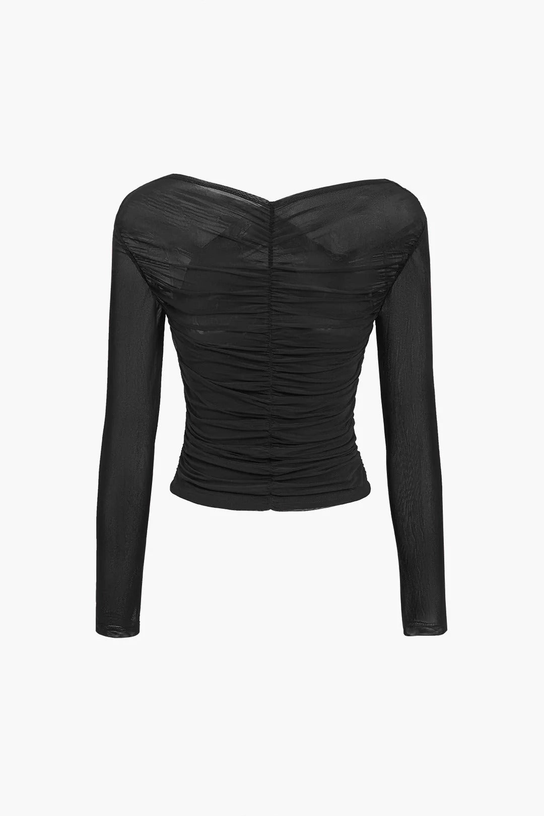 Modern women's fashion long sleeve top with stylish ruched cross-front. An elegant, fitted stretch top for any occasion.