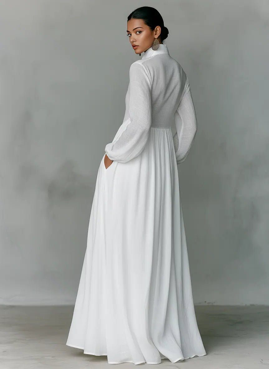 Casual long sleeve maxi shirt dress for women, featuring a stand collar & pockets, ideal for spring & summer fashion.