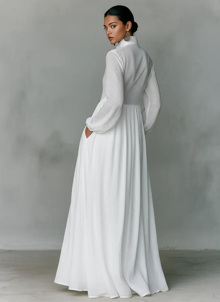 Casual long sleeve maxi shirt dress for women, featuring a stand collar & pockets, ideal for spring & summer fashion.