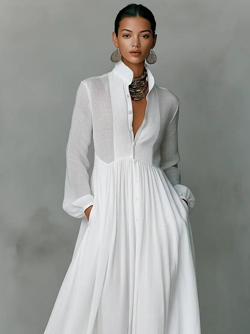 Full length view of an elegant women's maxi shirt dress with a sophisticated stand collar, perfect for long casual wear.