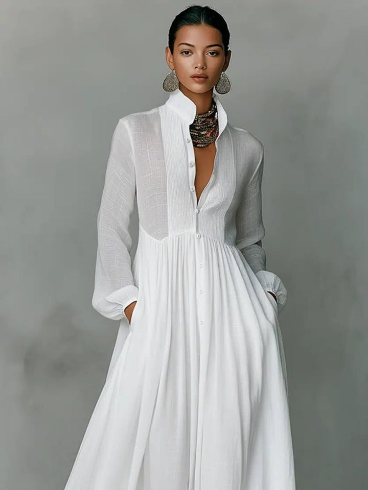 Full length view of an elegant women's maxi shirt dress with a sophisticated stand collar, perfect for long casual wear.