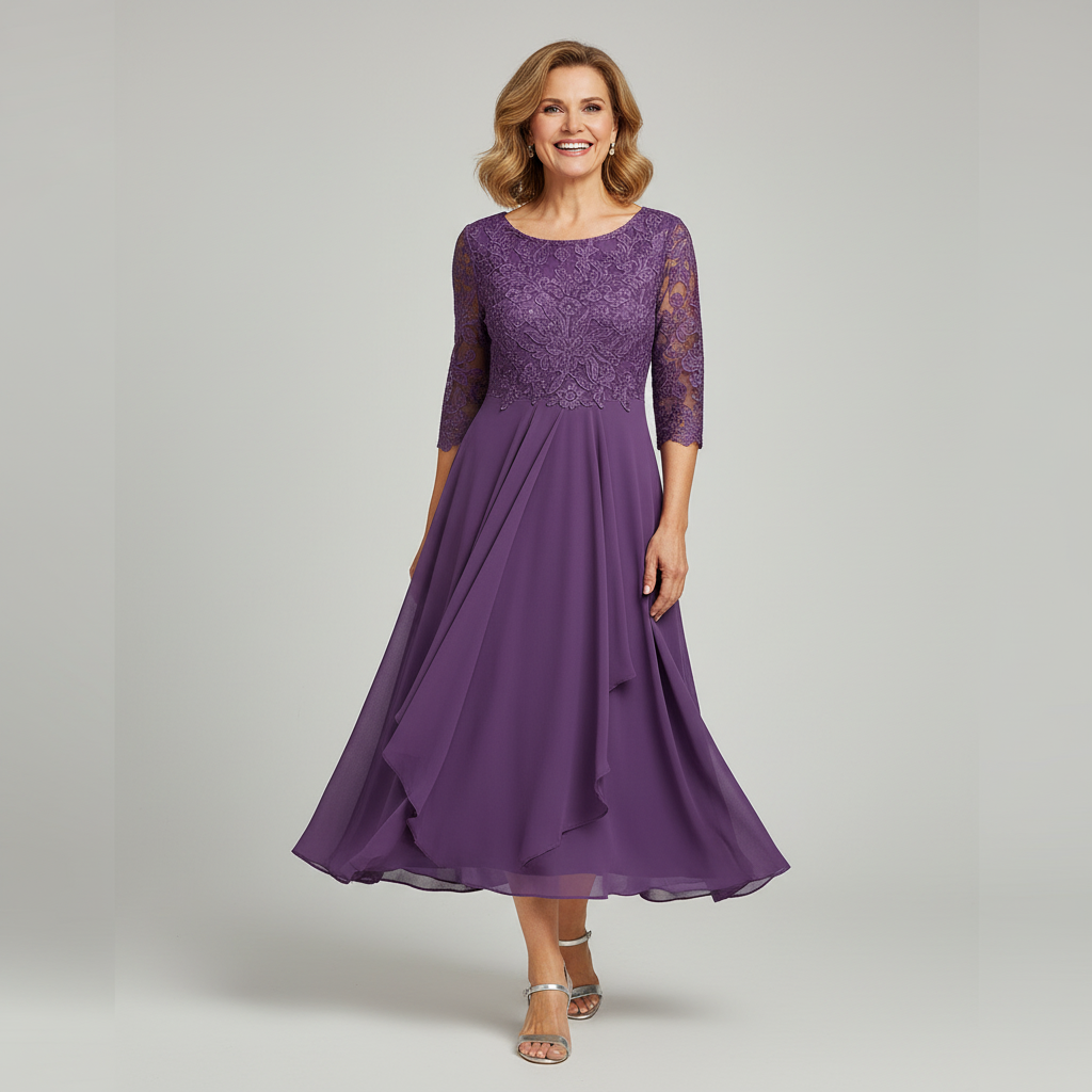 Women's elegant midi occasion dress featuring a lace bodice and three-quarter sleeves, perfect for formal events.