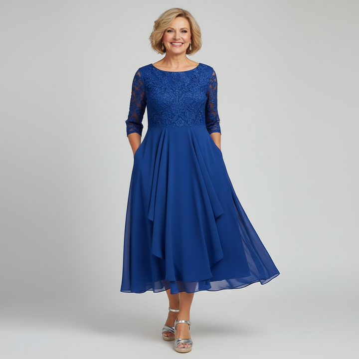 Formal women's midi party dress with elegant lace bodice & modest 3/4 sleeves, suitable for special events.